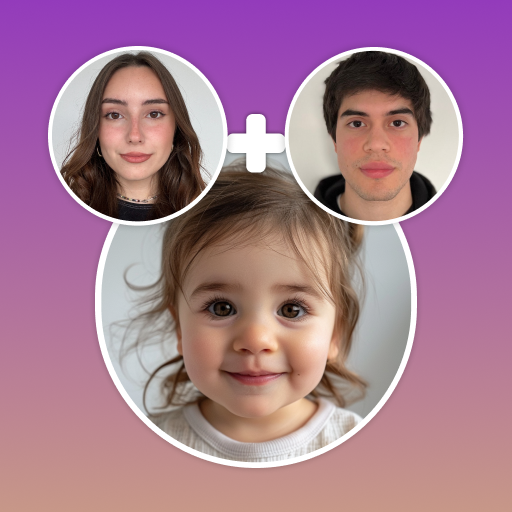Two parent portraits above the toddler face an AI baby generator produced from them